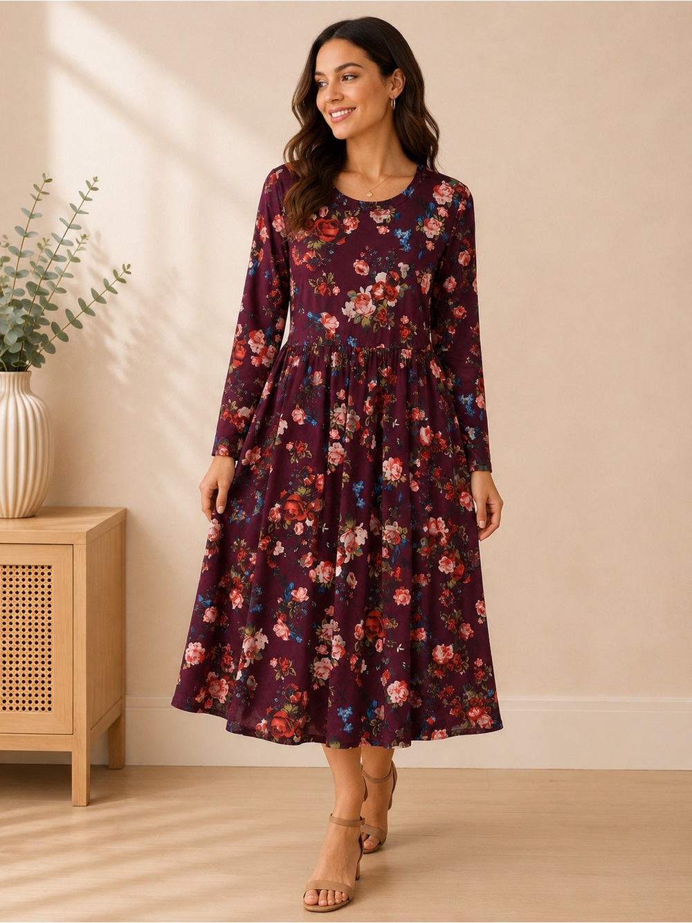 ZESICA Floral Midi Dress Women’s XL Burgundy Long Sleeve Boho Casual Dress NWT